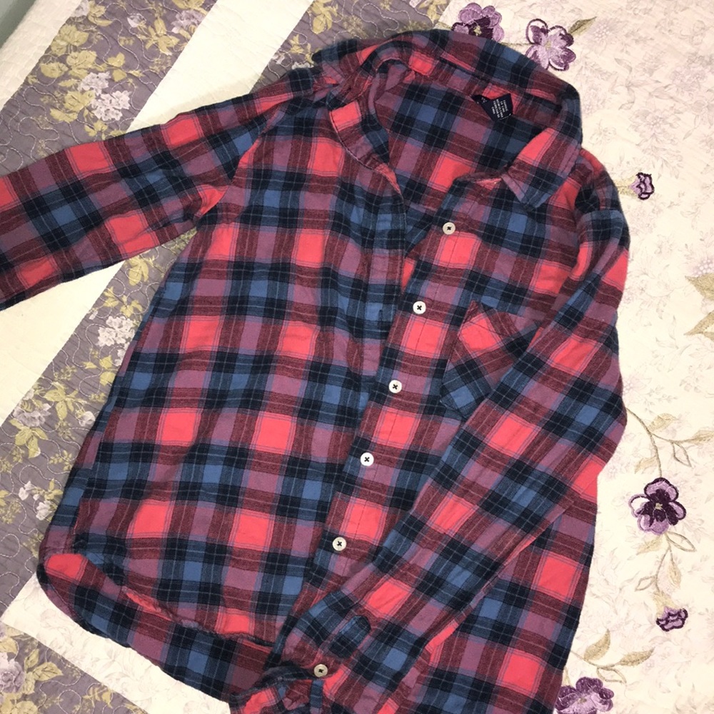 blue and red plaid shirt